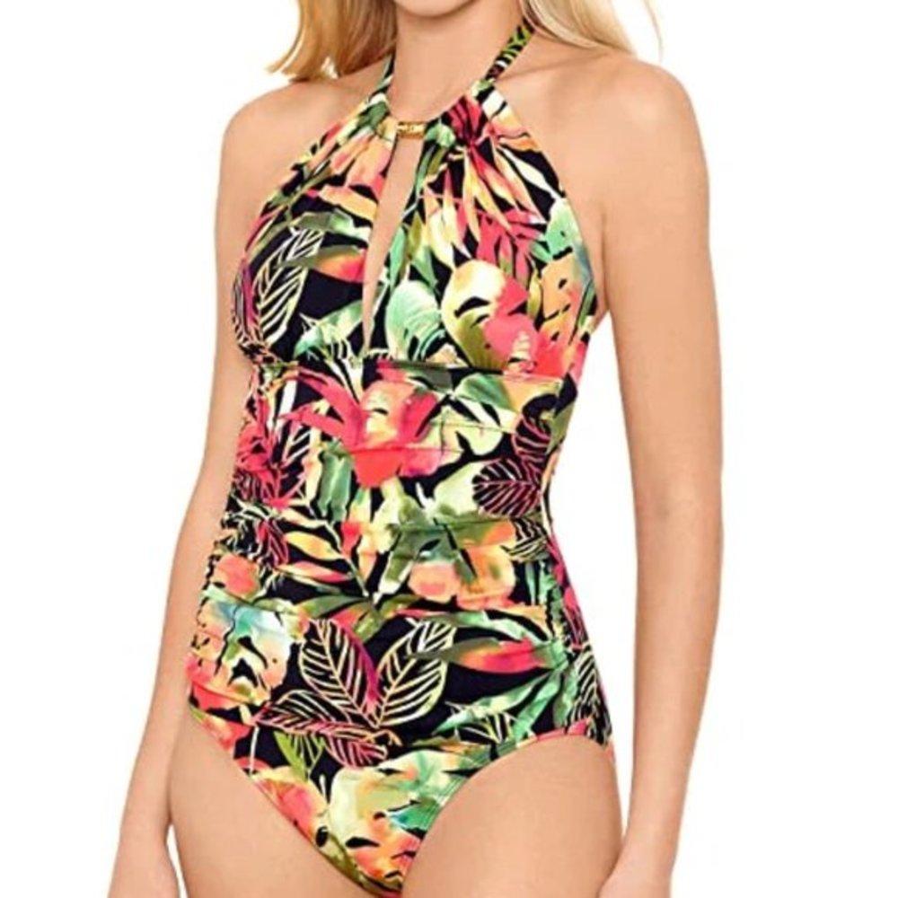 Lauren Ralph Lauren Midnight Tropical High-Neck Tummy-Control One-Piece 10